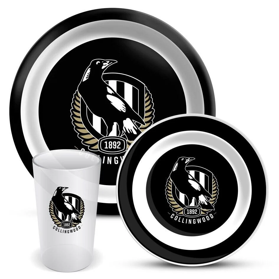 AFL 3 Piece Dinner Set - Collingwood Magpies - Melamine Plate, Bowl, Cup