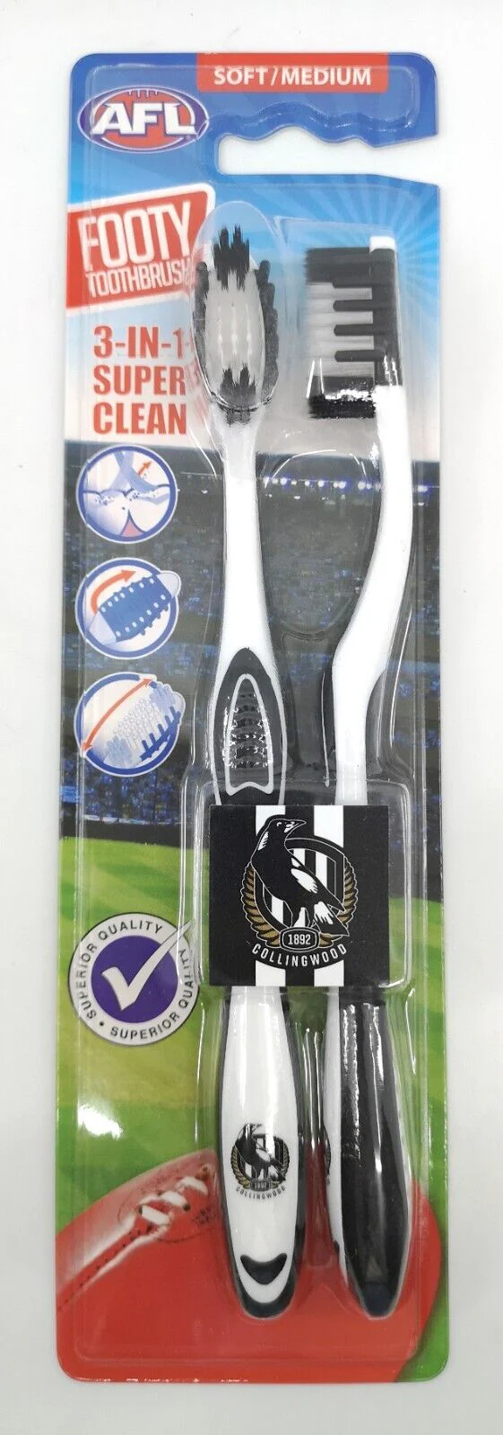 AFL Adult Toothbrush Twin Pack - Collingwood Magpies - Set of Two - Soft/Medium - Image 2