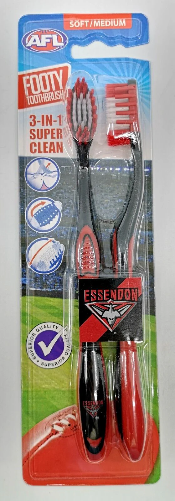 AFL Adult Toothbrush Twin Pack - Essendon Bombers - Set of Two - Soft/Medium - Image 2