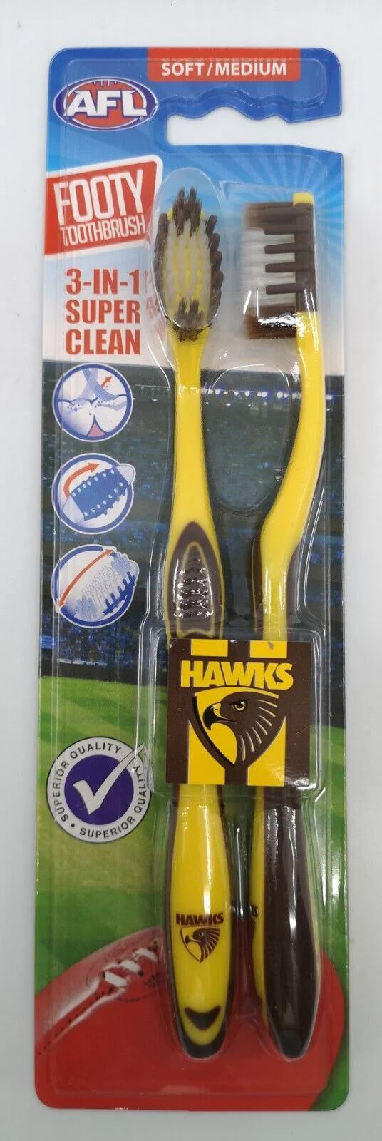 AFL Adult Toothbrush Twin Pack - Hawthorn Hawks - Set of Two - Soft/Medium - Image 2