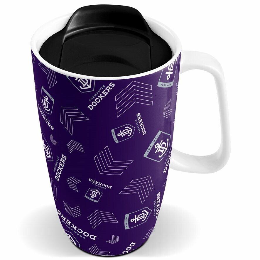 AFL Ceramic Travel Coffee Mug - Fremantle Dockers - Drink Cup With Lid - Image 2