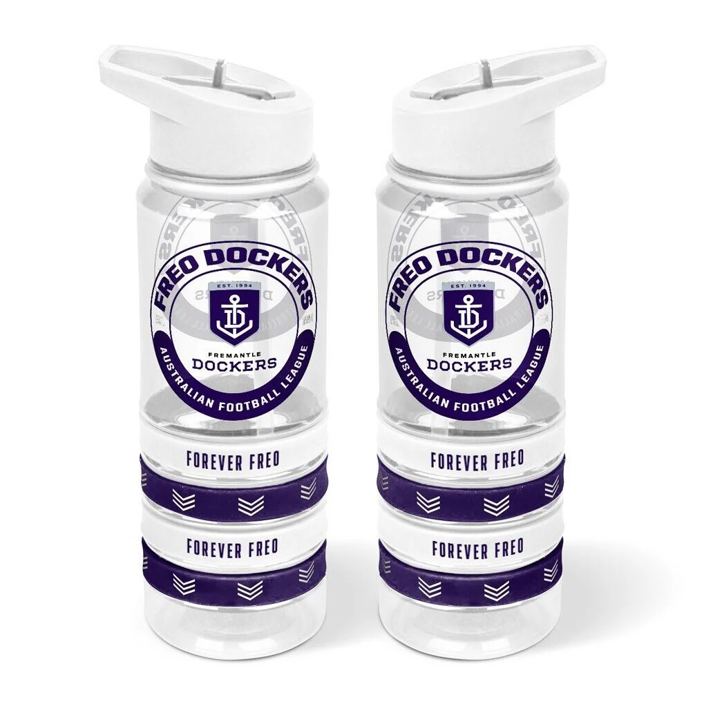 AFL Clear Tritan Drink Bottle 650ml - Fremantle Dockers - 4 Wrist Bands - Image 2