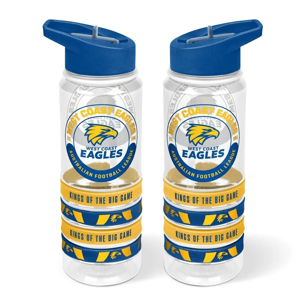 AFL Clear Tritan Drink Bottle 650ml - West Coast Eagles - 4 Wrist Bands - Image 2