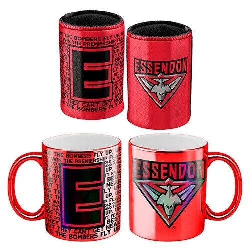 AFL Metallic Coffee Cup And Can Cooler Set - Essendon Bombers - Mug Stubby - Image 2