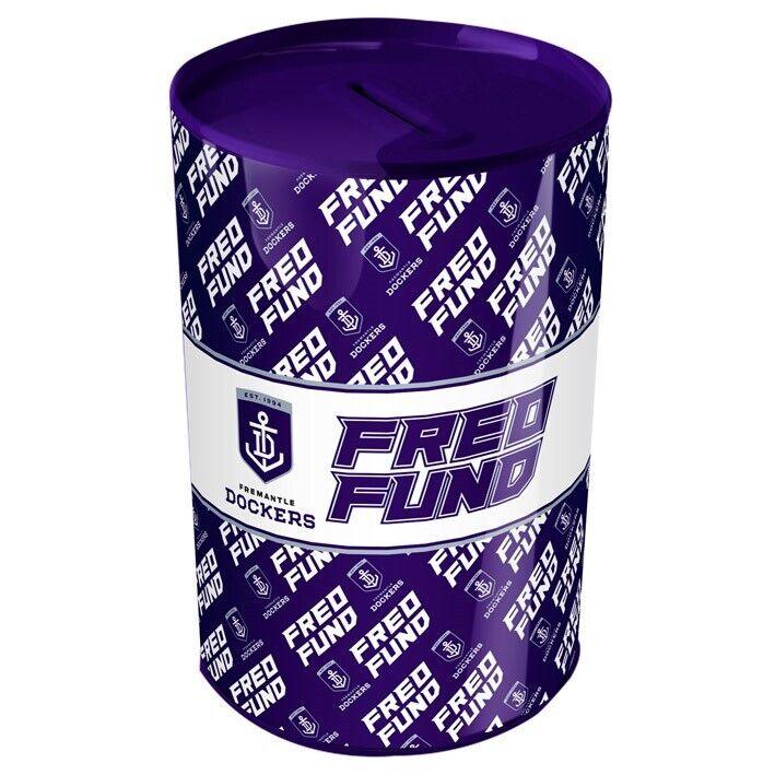 AFL Tin Money Box - Fremantle Dockers -  21cm Tall x 10cm Wide
