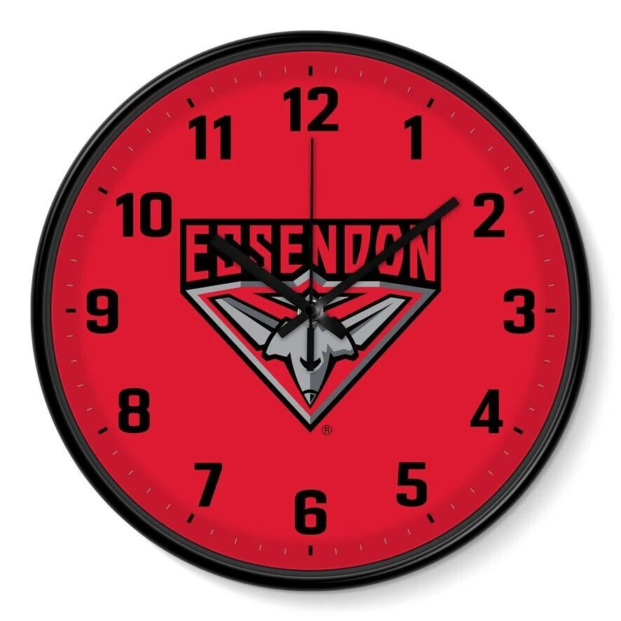 AFL Wall Clock - Essendon Bombers - Plastic - 30cm Diameter - Team Logo