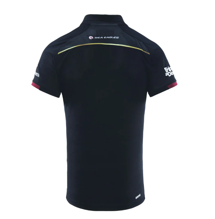 NRL 2025 Media Polo Shirt - Manly Sea Eagles - Black - Adult - Mens - Image 2