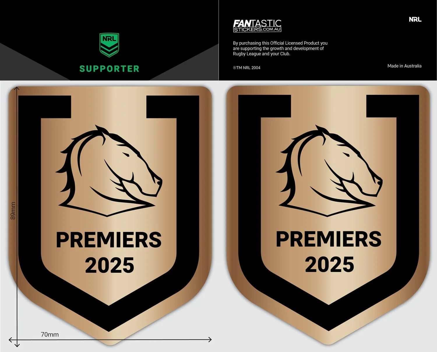NRL 2025 PREMIERS BRUSHED GOLD DECAL - BRISBANE BRONCOS -PRE-ORDER -DUE OCT 2025