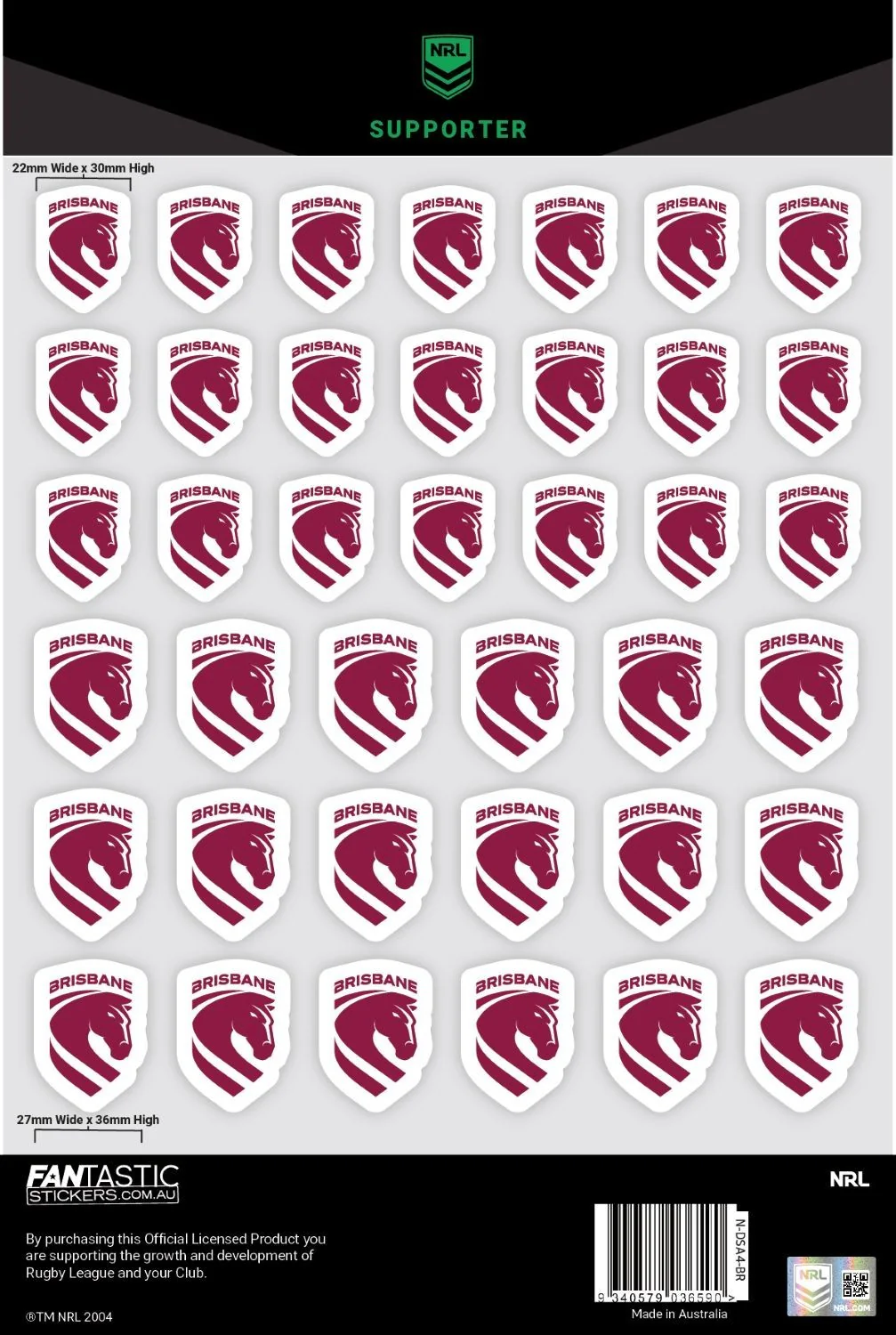 NRL A4 Decal Sheet - Brisbane Broncos - Sticker