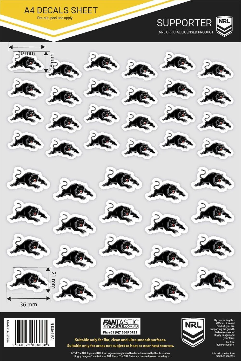NRL A4 Decal Sheet - Penrith Panthers - Sticker