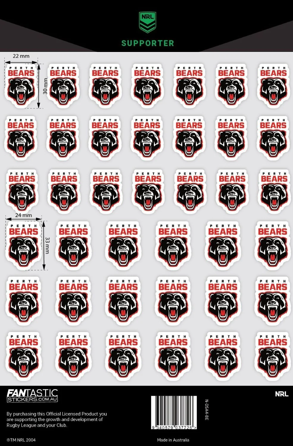 NRL A4 Decal Sheet  Perth Bears  Sticker - Image 2