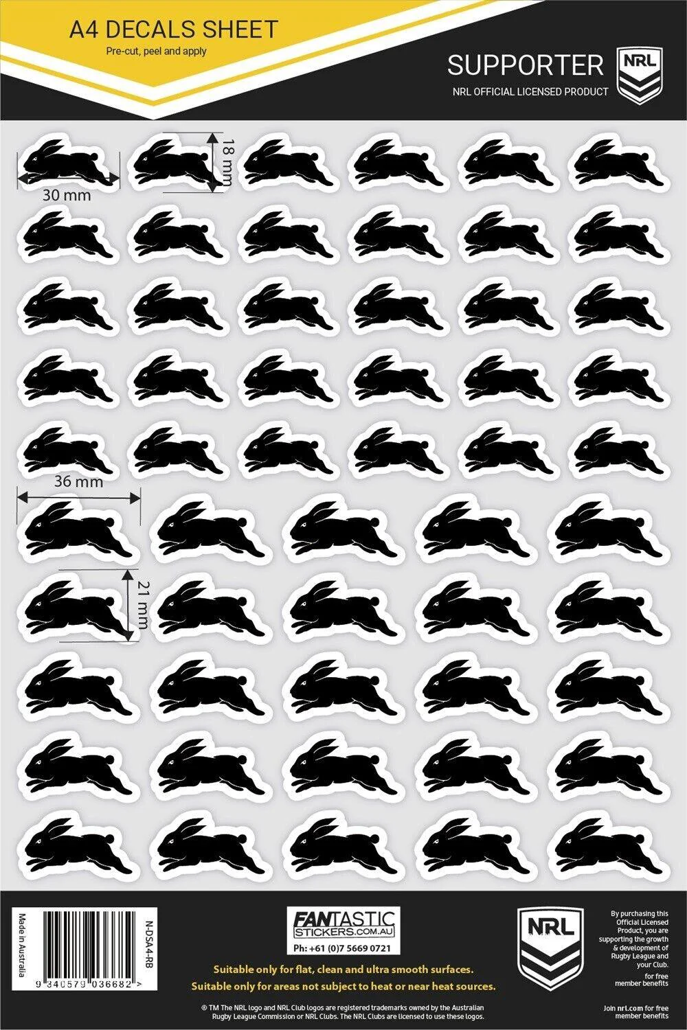 NRL A4 Decal Sheet - South Sydney Rabbitohs - Sticker - Image 2