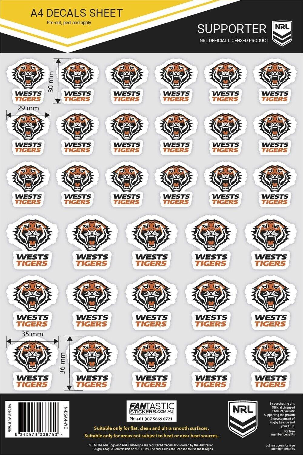 NRL A4 Decal Sheet - West Tigers - Sticker - Image 2