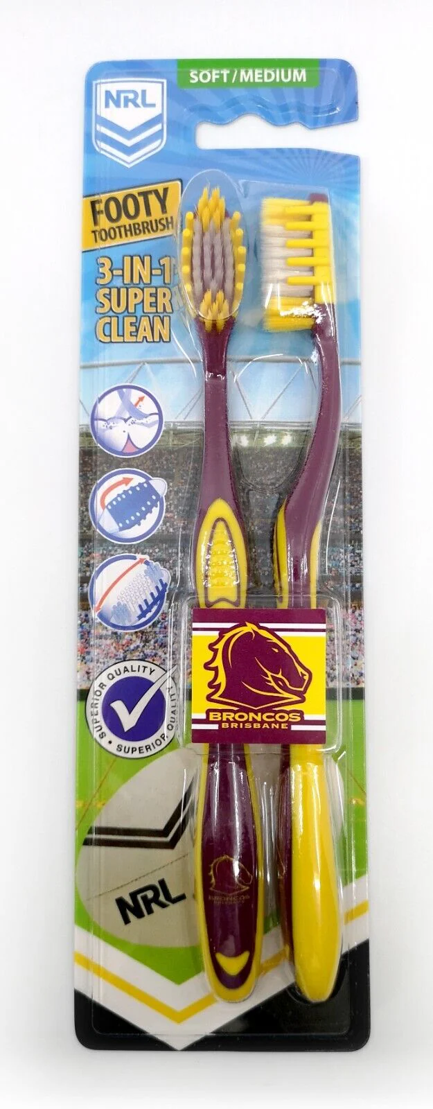 NRL Adult Toothbrush Twin Pack - Brisbane Broncos - Set of Two - Soft/Medium - Image 2