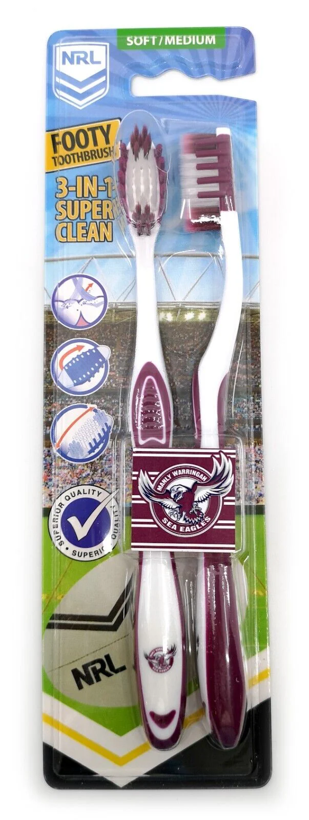 NRL Adult Toothbrush Twin Pack - Manly Sea Eagles - Set of Two - Soft/Medium - Image 2