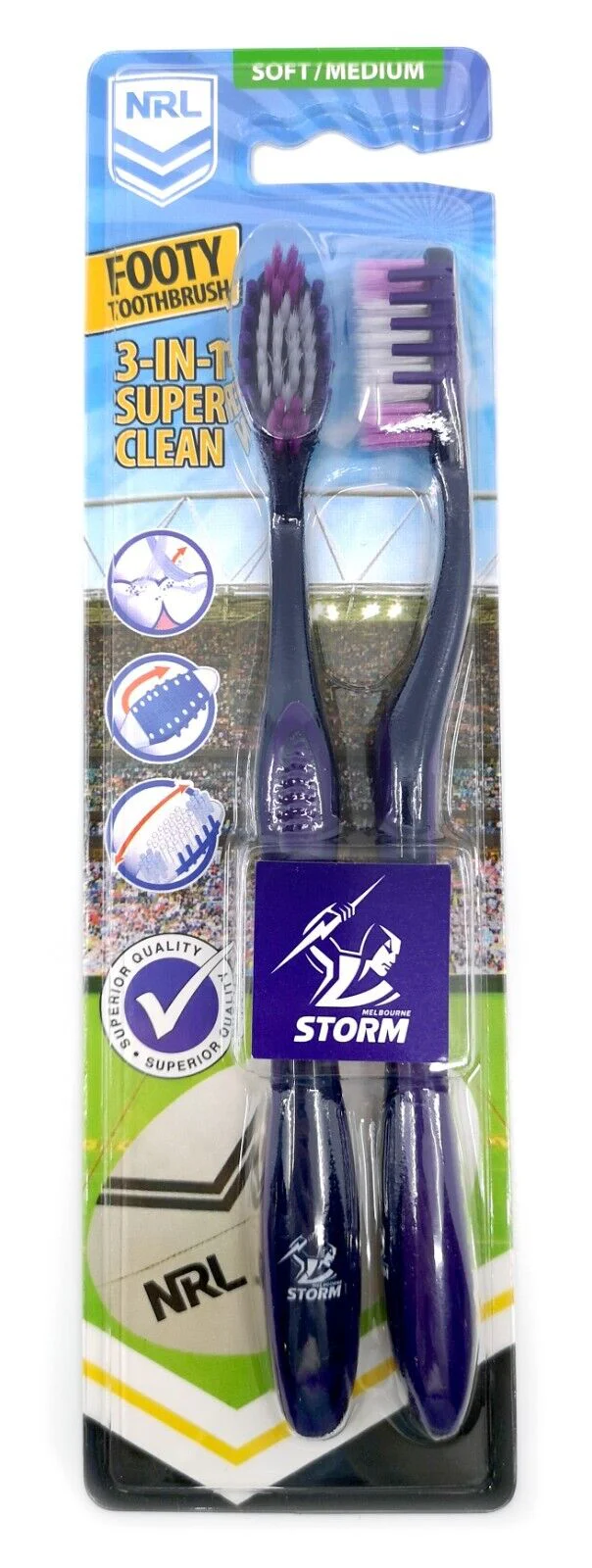 NRL Adult Toothbrush Twin Pack - Melbourne Storm - Set of Two - Soft/Medium - Image 2