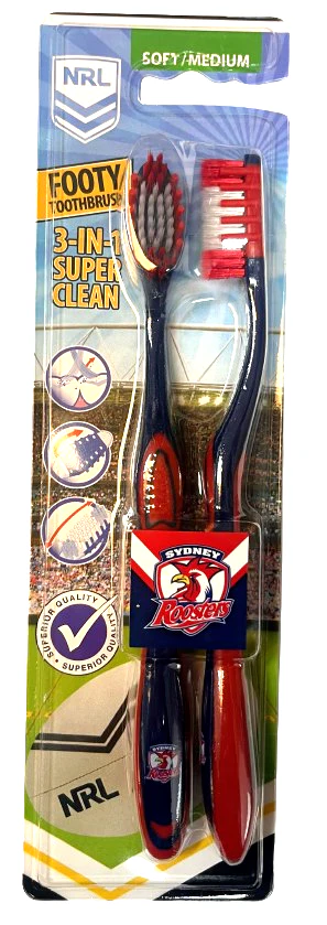 NRL Adult Toothbrush Twin Pack - Sydney Roosters - Set of Two - Soft/Medium - Image 2