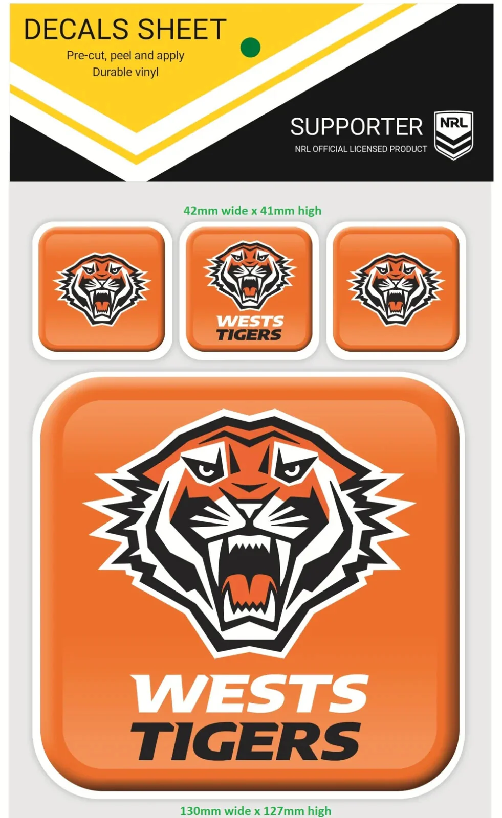 NRL App Stricker Decal Set - West Tigers - 13x13CM Large 4x4CM Small