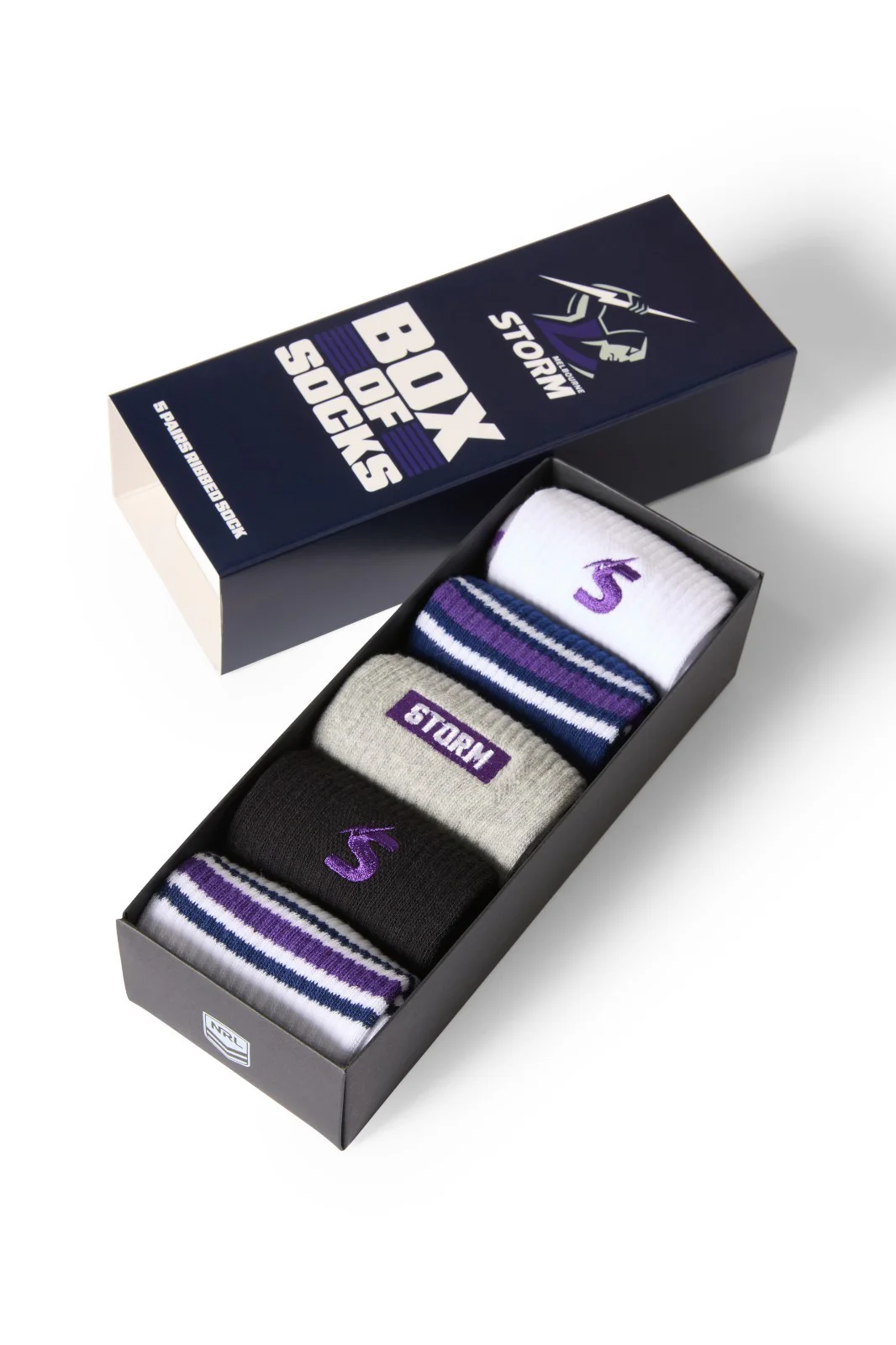 NRL Box Of 5 Socks - Melbourne Storm - One Size Fits Most - Gift Box
