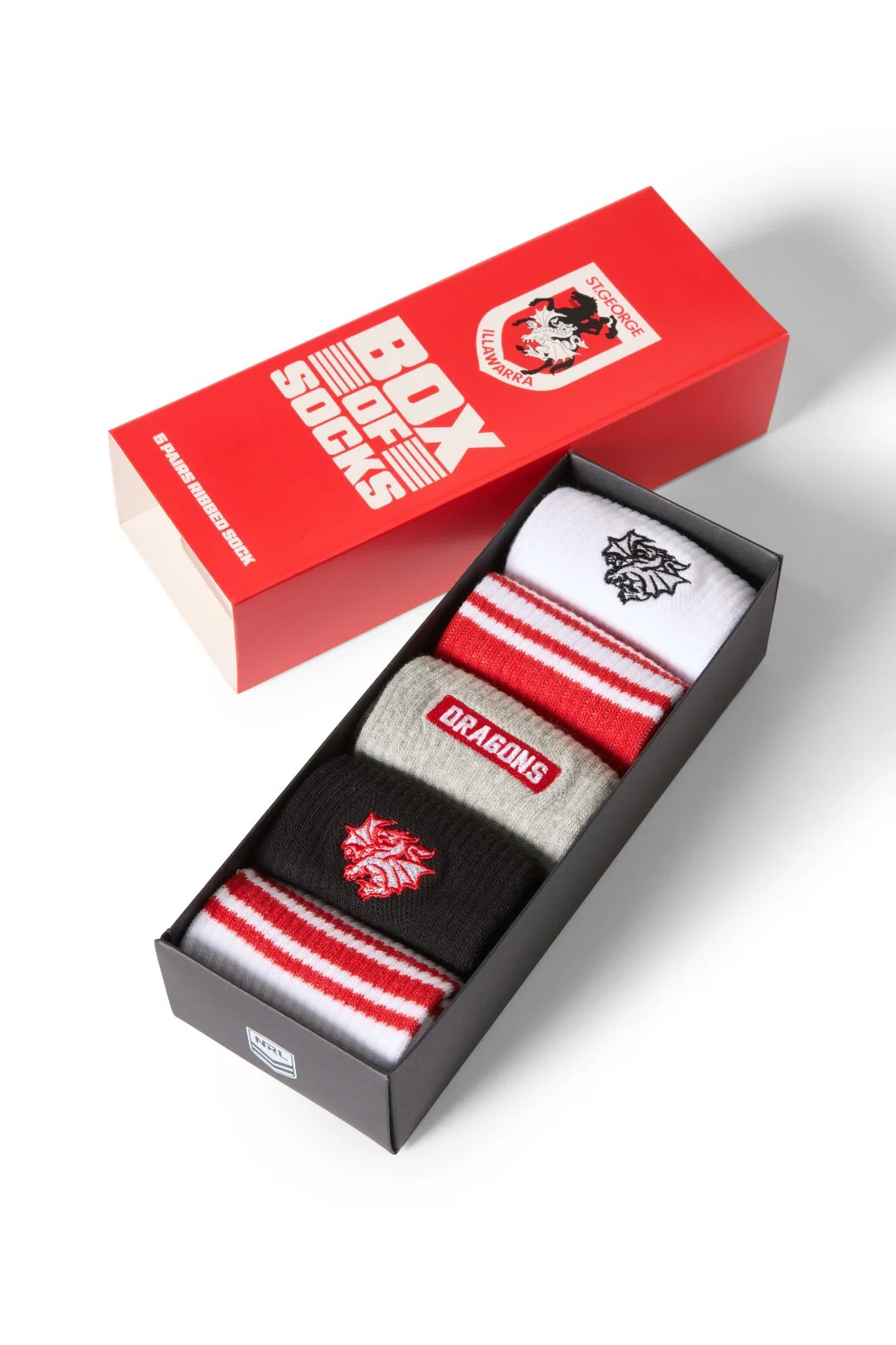 NRL Box Of 5 Socks - St George Illawarra Dragons - One Size Fits Most - Gift Box
