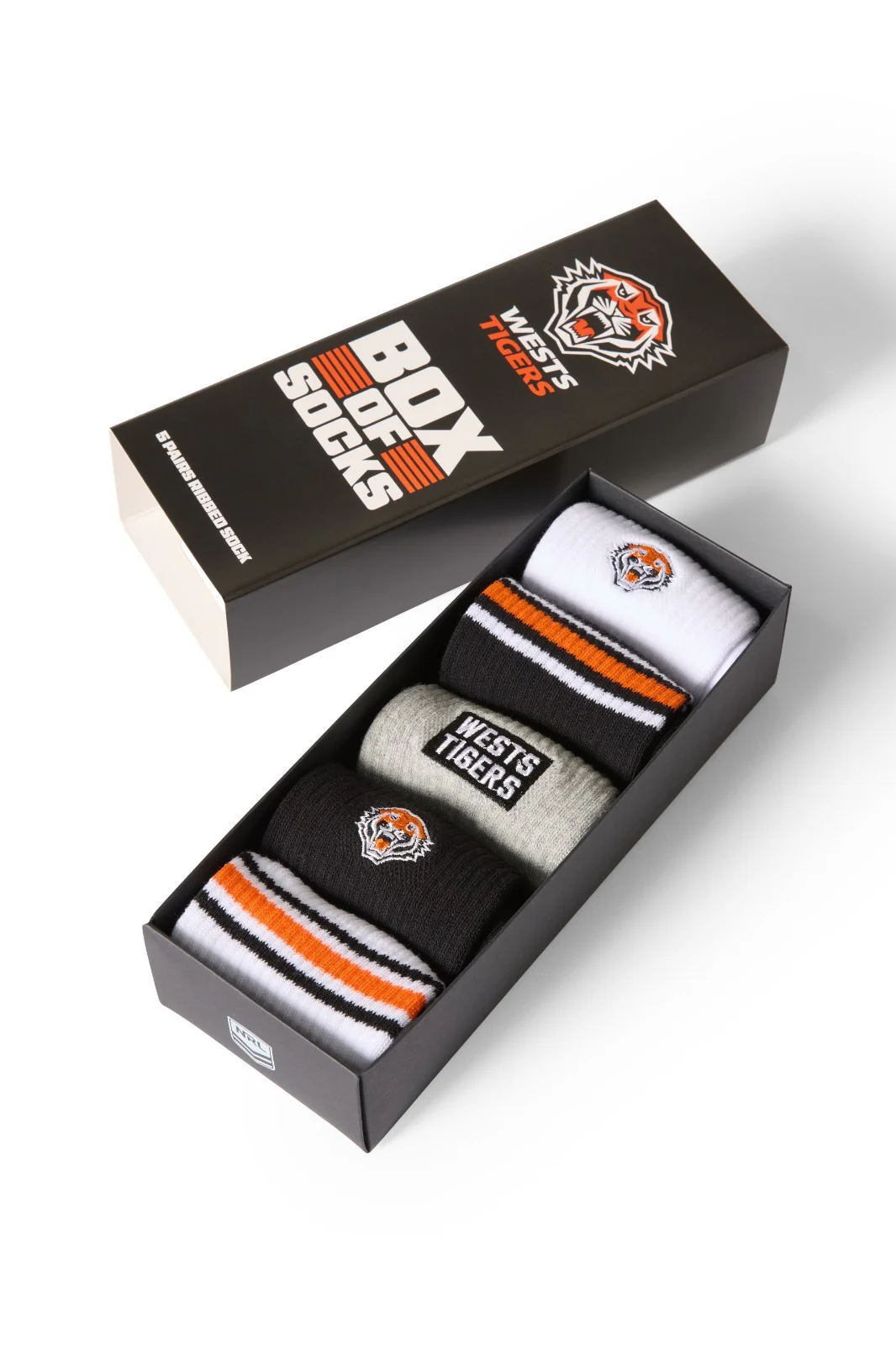 NRL Box Of 5 Socks - West Tigers - One Size Fits Most - Gift Box