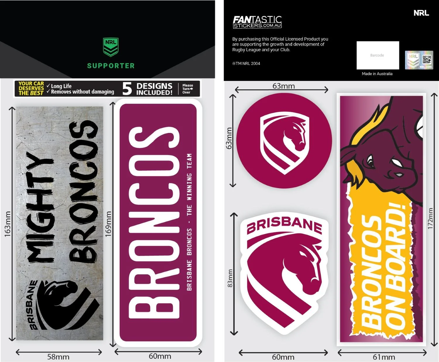 NRL Bumper Decal Sheet Set - Brisbane Broncos - Team Logo Sticker - 170mm