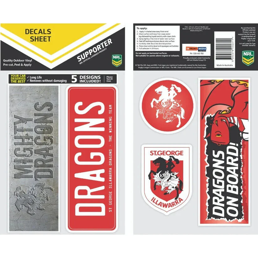 NRL Bumper Decal Sheet Set - Illawarra Dragons - Team Logo Sticker - 170mm - Image 2