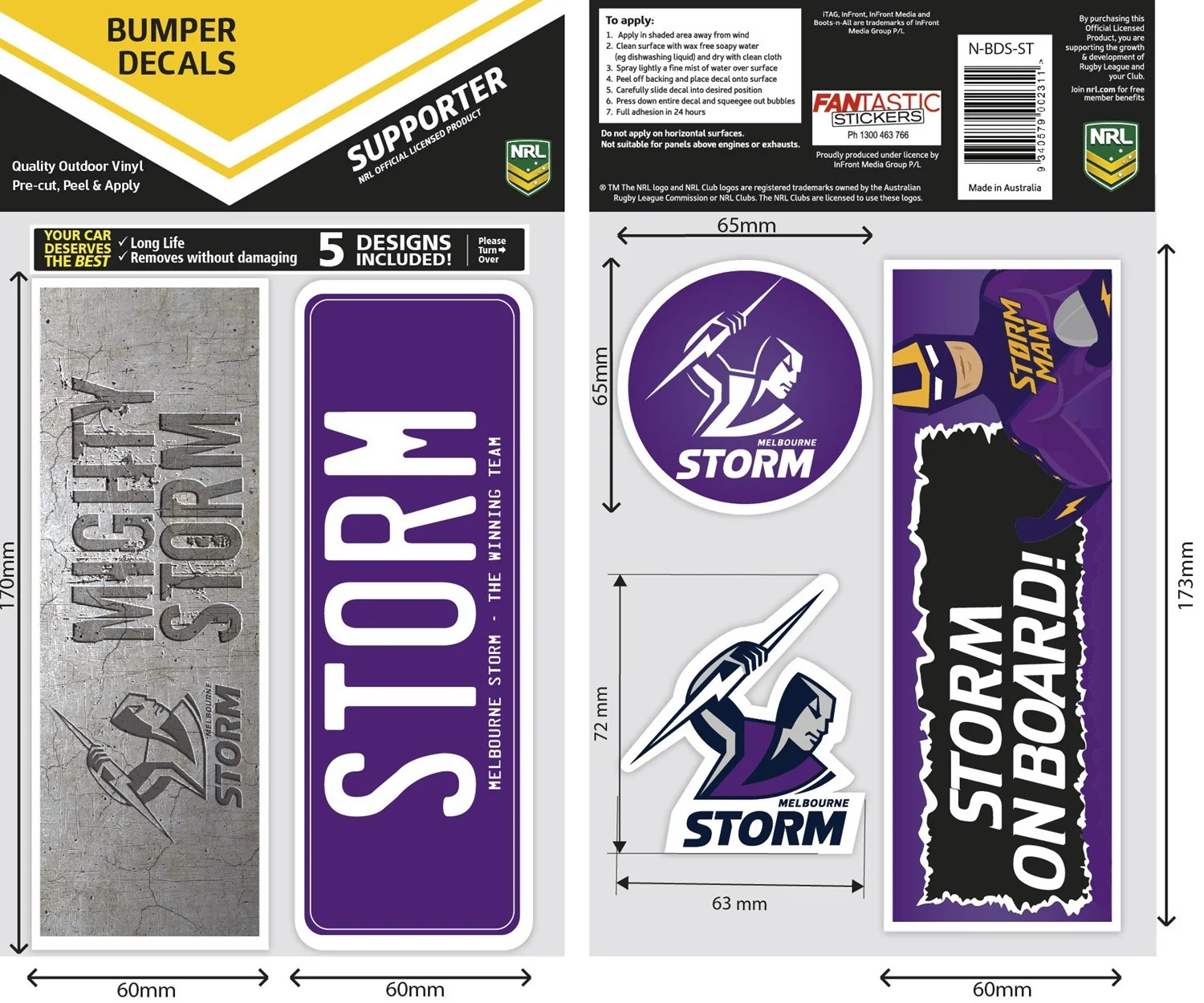 NRL Bumper Decal Sheet Set - Melbourne Storm - Team Logo Sticker - 170mm