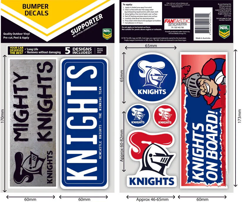 NRL Bumper Decal Sheet Set - Newcastle Knights - Team Logo Sticker - 170mm