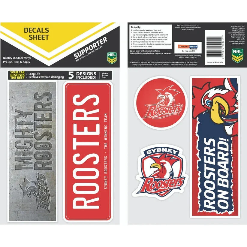 NRL Bumper Decal Sheet Set - Sydney Roosters - Team Logo Sticker - 170mm