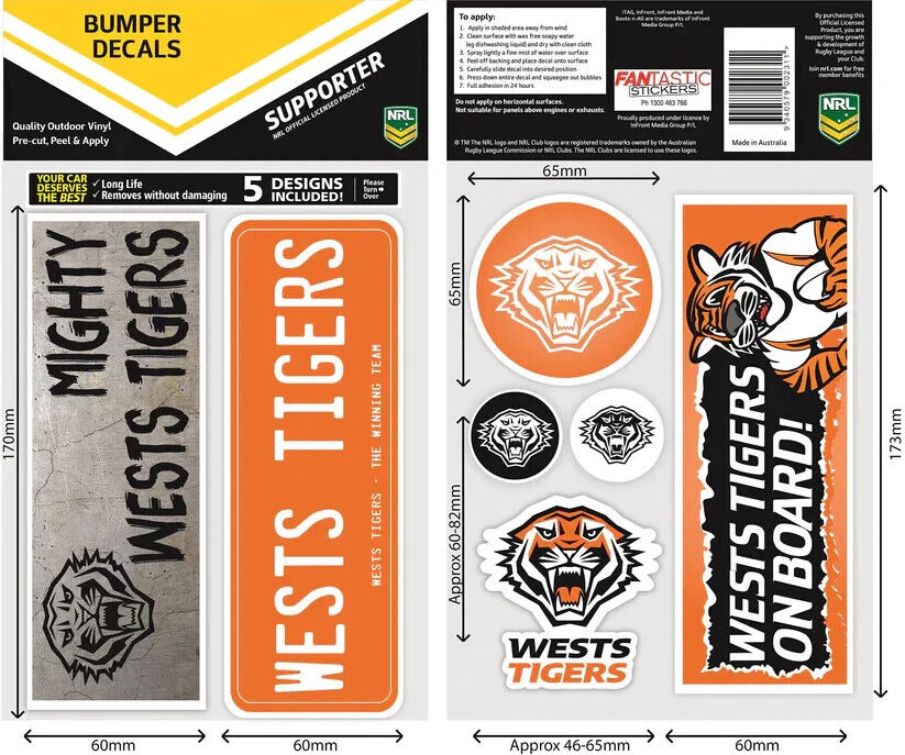NRL Bumper Decal Sheet Set - West Tigers - Team Logo Sticker - 170mm - Image 2