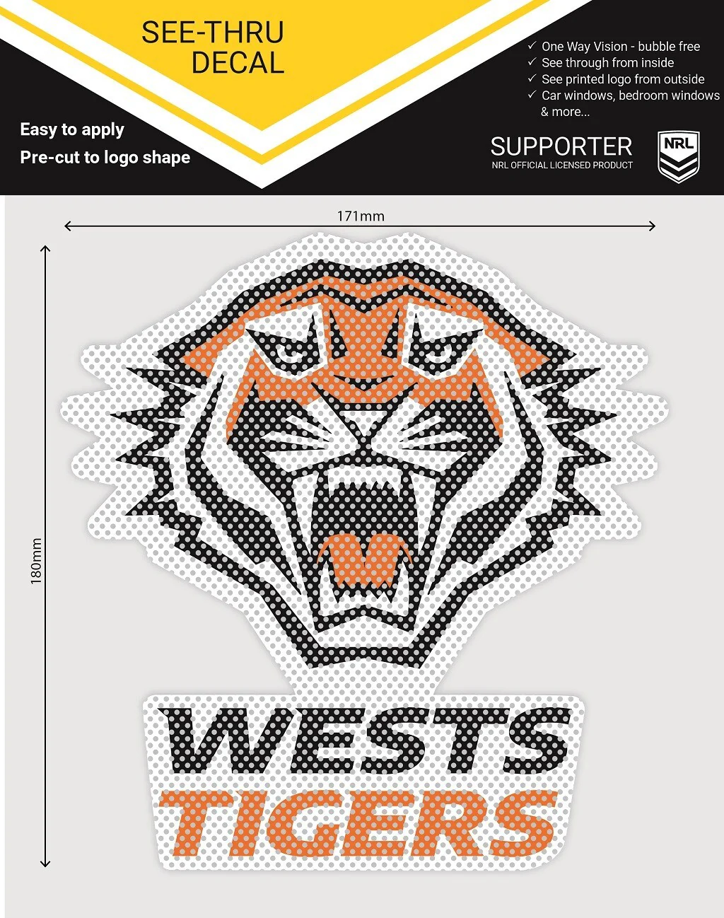 NRL Car UV Decal Sticker - West Tigers - Size 18-17cm - See Thru - Image 2