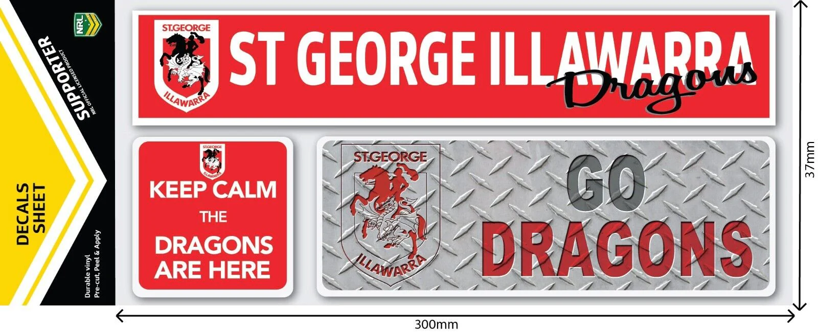 NRL Car Window Decal Set - 3 Stickers - St George Illawarra Dragons - 280mm