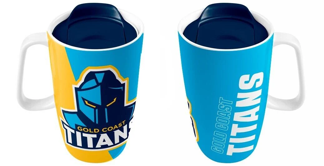NRL Ceramic Travel Coffee Mug - Gold Coast Titans - Drink Cup With Lid - Image 2