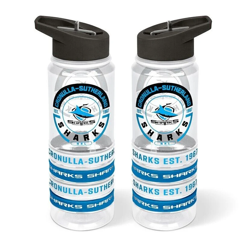 NRL Clear Tritan Drink Bottle 650ml - Cronulla Sharks - 4 Wrist Bands - Image 2