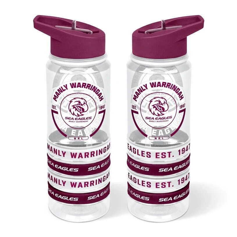 NRL Clear Tritan Drink Bottle 650ml - Manly Sea Eagles - 4 Wrist Bands - Image 2