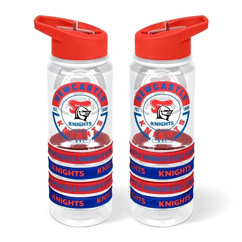NRL Clear Tritan Drink Bottle 650ml - Newcastle Knights - 4 Wrist Bands