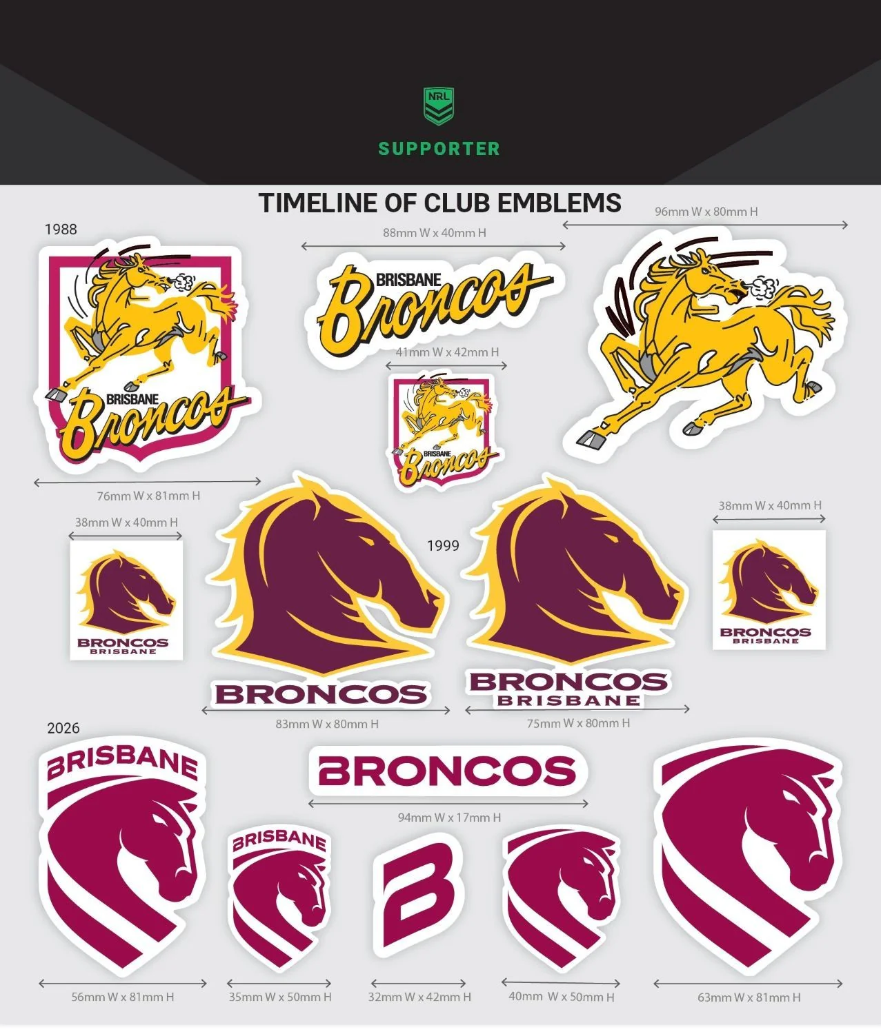 NRL Giant Decal Sheet - Brisbane Broncos - Timeline Of Club Logos - Stickers