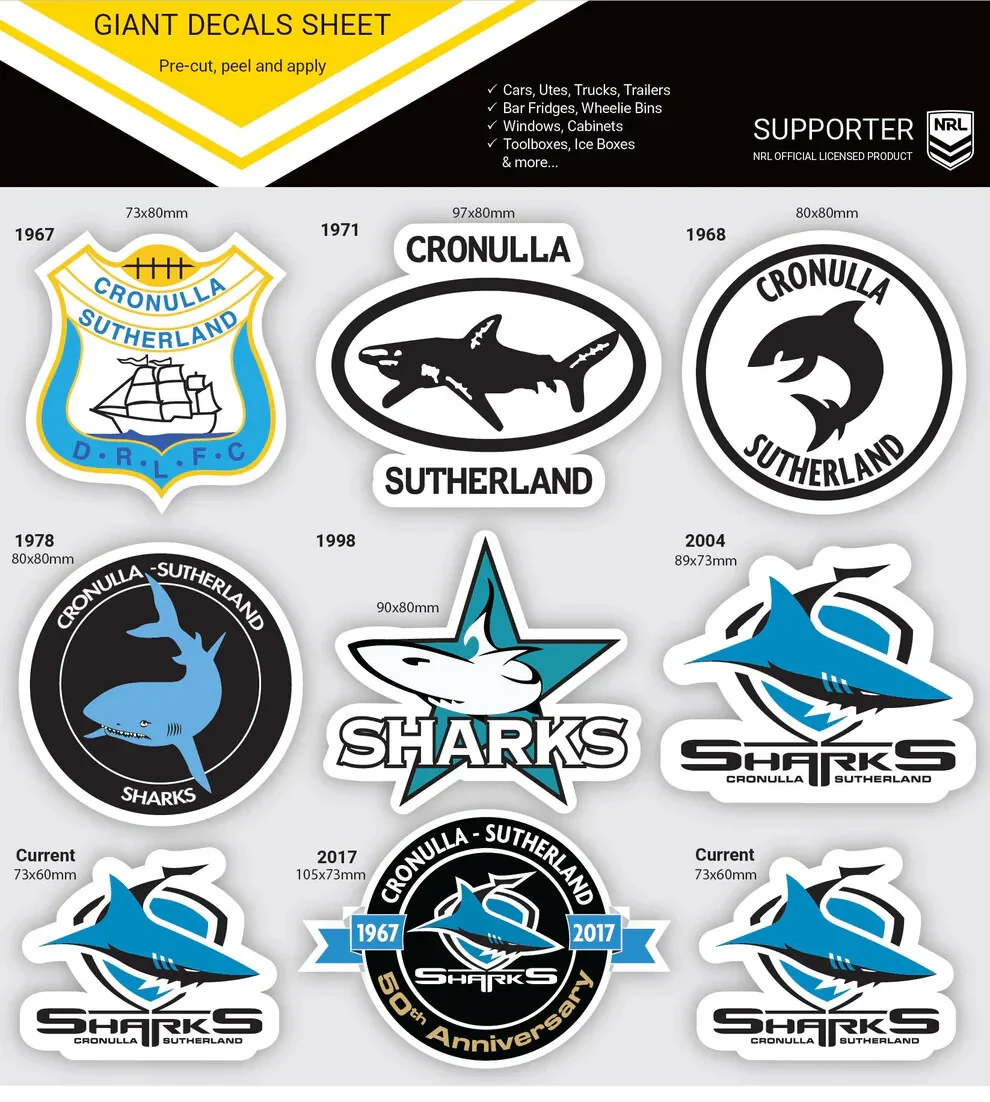 NRL Giant Decal Sheet - Cronulla Sharks - Timeline Of Club Logos - Stickers - Image 2