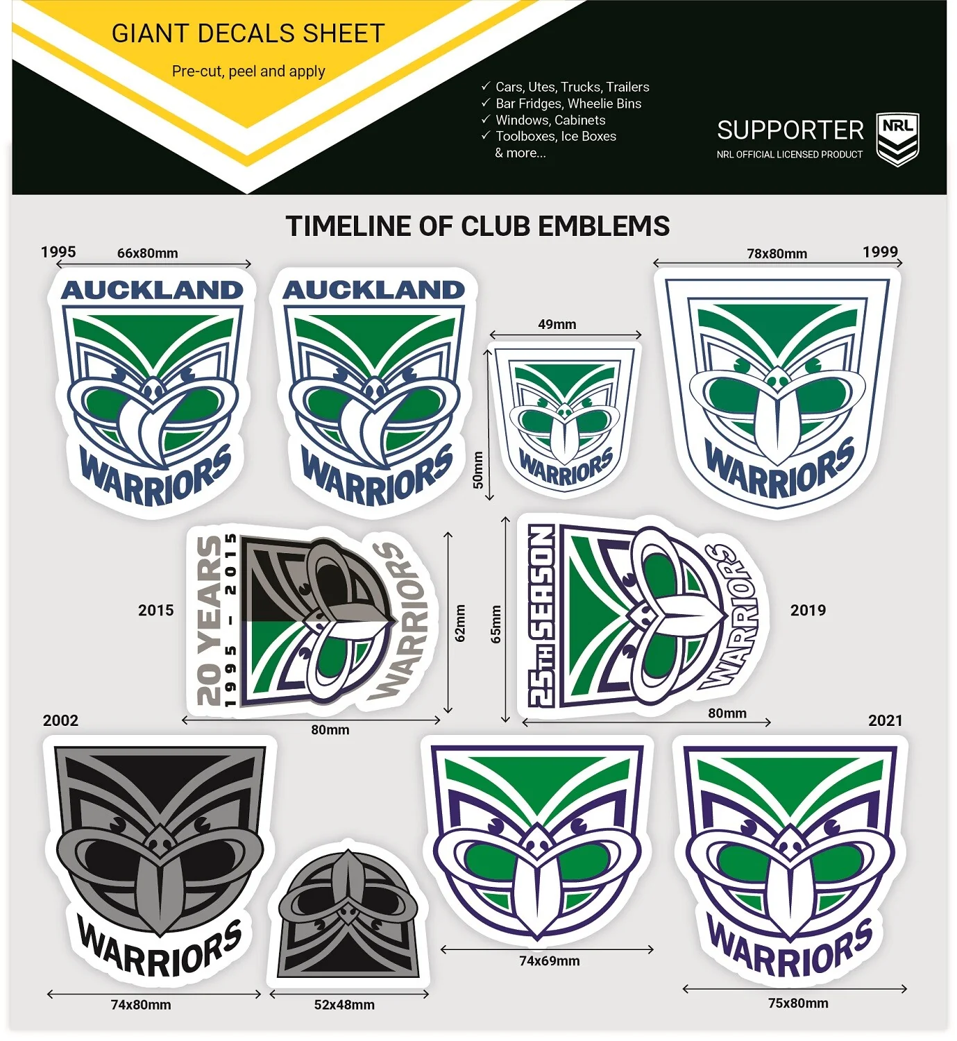 NRL Giant Decal Sheet - Newzealand Warriors - Timeline Of Club Logos - Stickers - Image 2