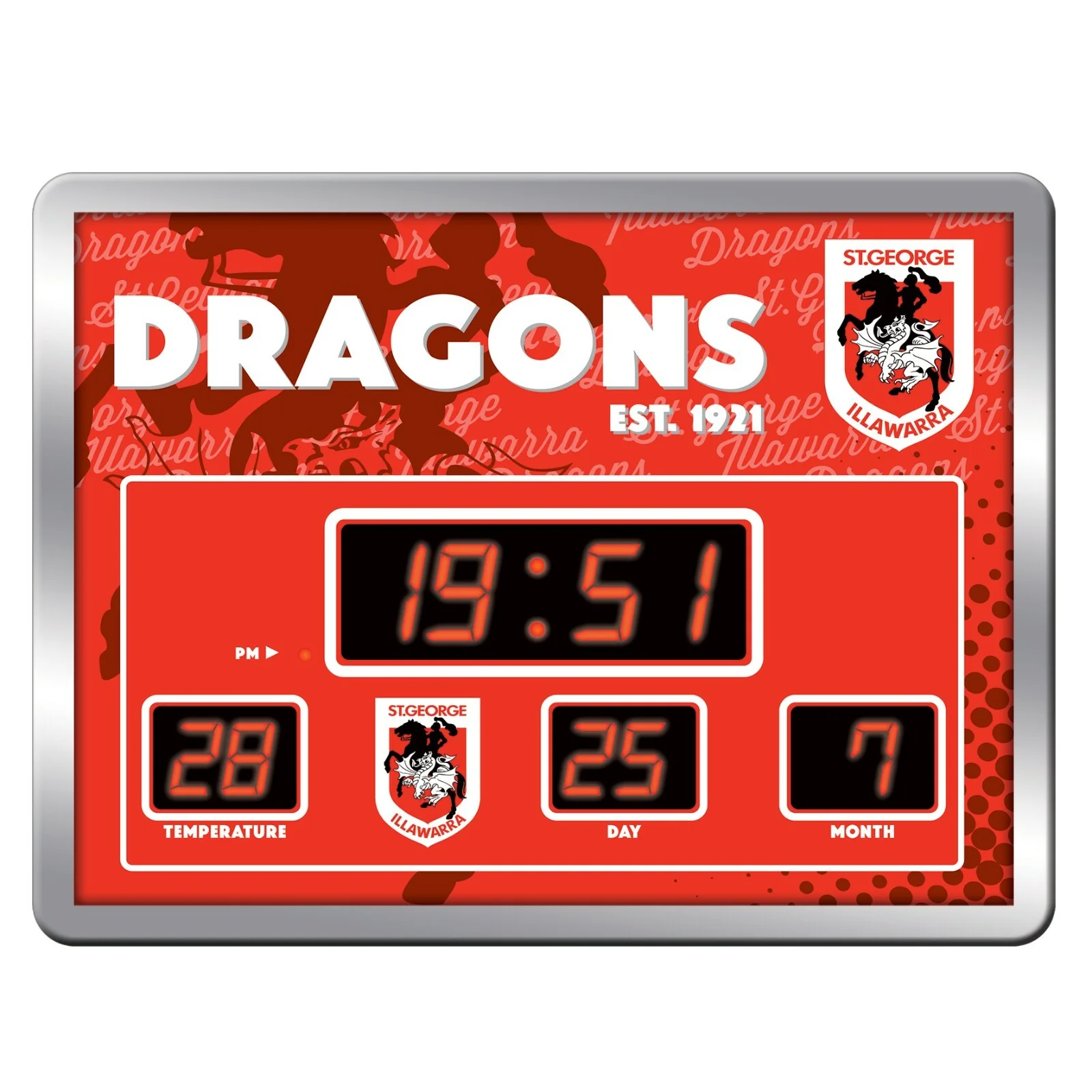 NRL LED Scoreboard Clock - St George Illawarra Dragons 45x33cm - Time Temp Date