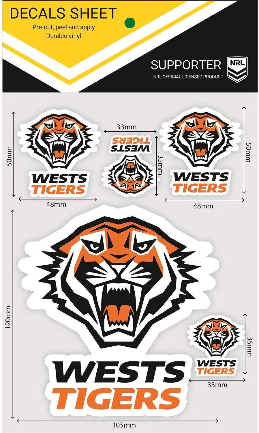 NRL Logo Sticker Decal Sheet - West Tigers - Stickers - Image 2