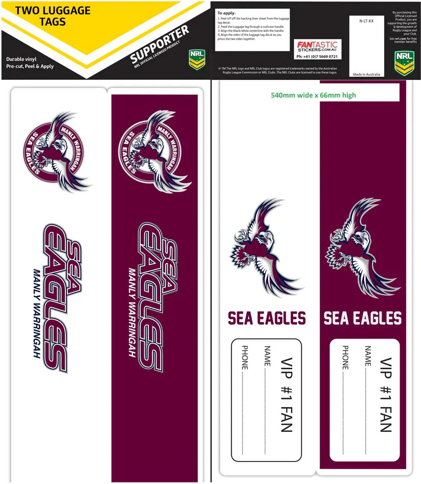 NRL Luggage Bag Tag Sticker - Manly Sea Eagles - Travel Work - Set of 2 - Image 2