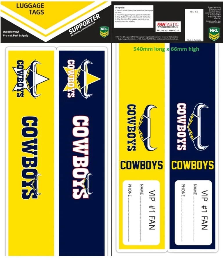 NRL Luggage Bag Tag Sticker - North Queensland Cowboys - Travel Work - Set of 2