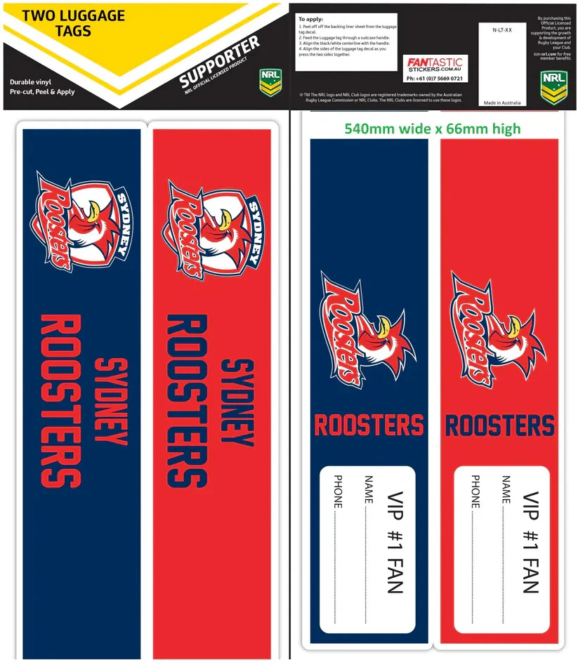 NRL Luggage Bag Tag Sticker - Sydney Roosters - Travel Work - Set of 2 - Image 2