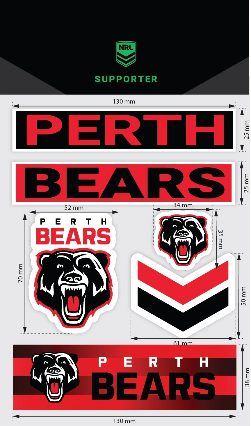 NRL Sticker Decal Sheet  Perth Bears  Stickers Wordmark