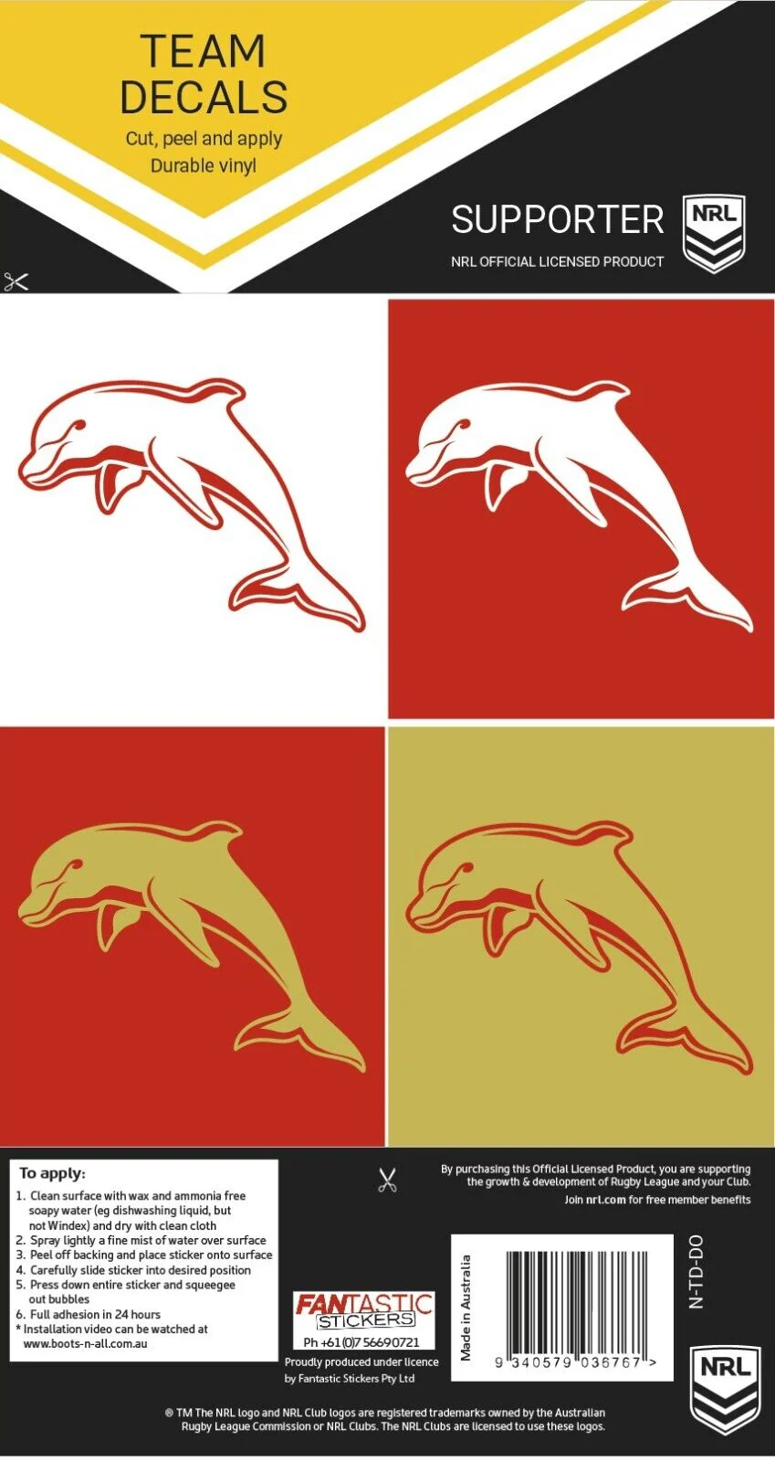 NRL Team Decal Sticker Set - Dolphins - Set of 4 - Team logo - Image 2