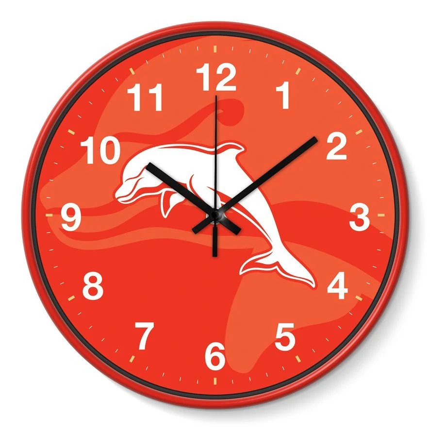NRL Wall Clock - Dolphins - Plastic - 30cm Diameter - Team Logo