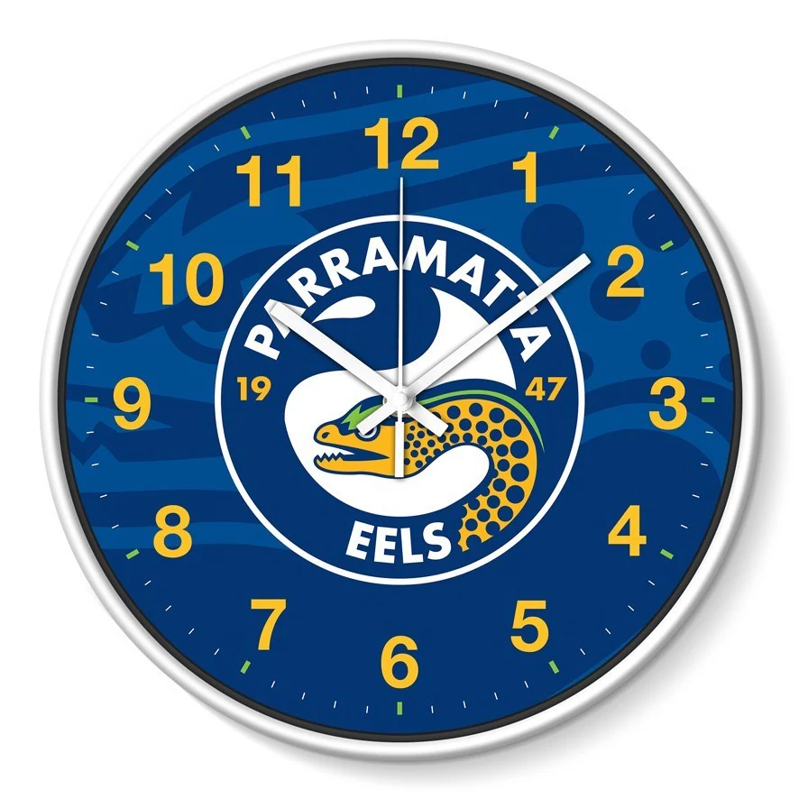 NRL Wall Clock - Parramatta Eels - Plastic - 30cm Diameter - Team Logo