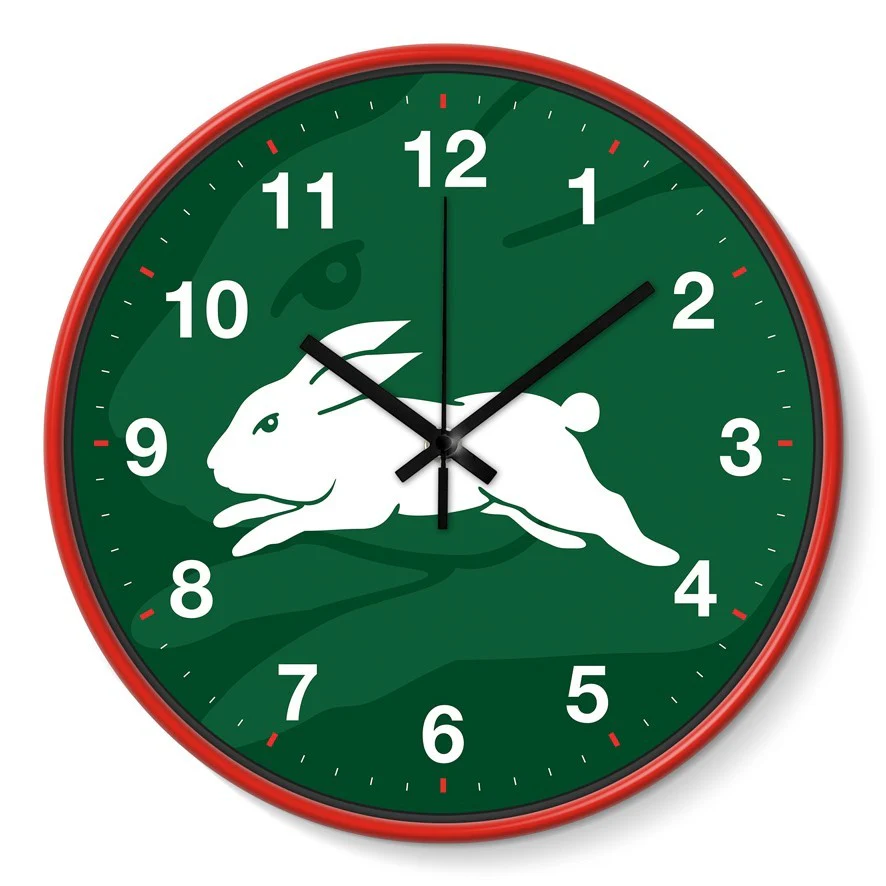 NRL Wall Clock - South Sydney Rabbitohs - Plastic - 30cm Diameter - Team Logo